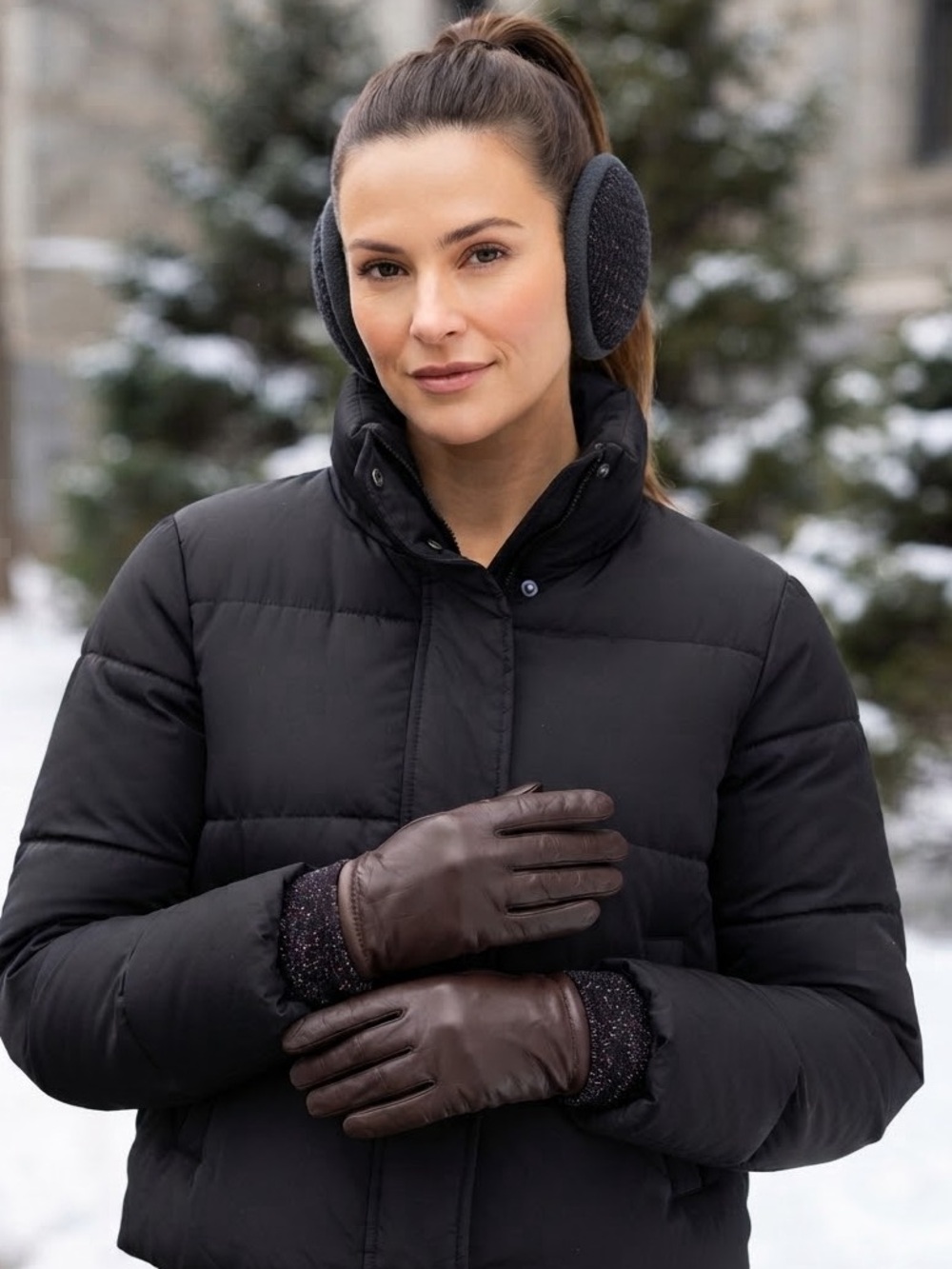 Henri Bendel Black All Leather Gloves with Cashmere Lining and Sparkle Cuff